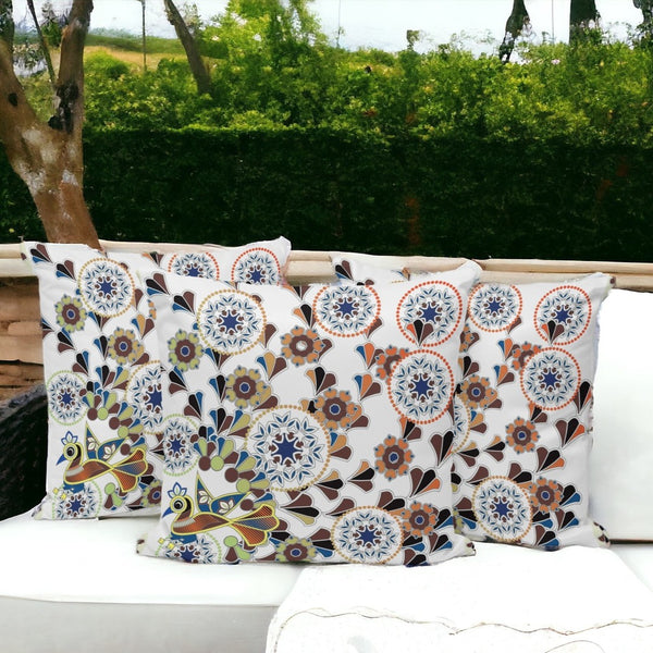 HomeRoots Set of Three 16" Peacock Floral Indoor Outdoor Throw Pillows - Chic Blue & Off-White Design, Durable 536164