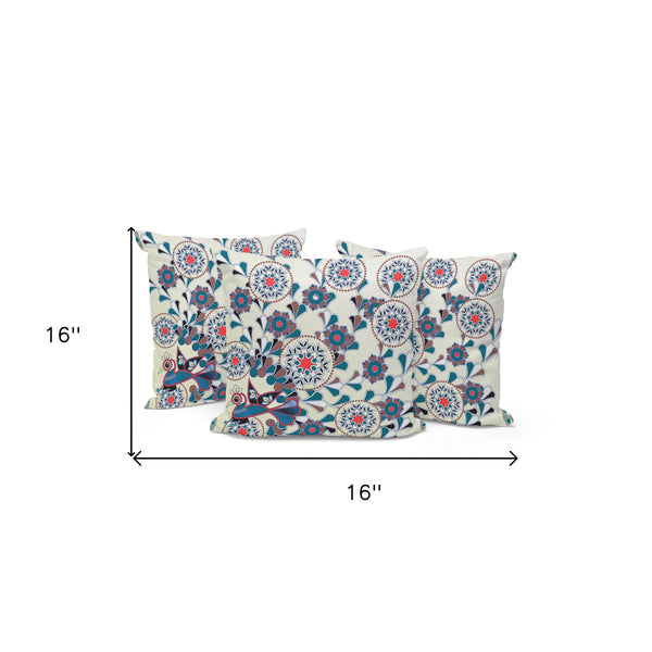 Homeroots Set Of Three 16" X 16" Black And Off White Peacock Blown Seam Floral Indoor Outdoor Throw Pillow  Polyester 536165