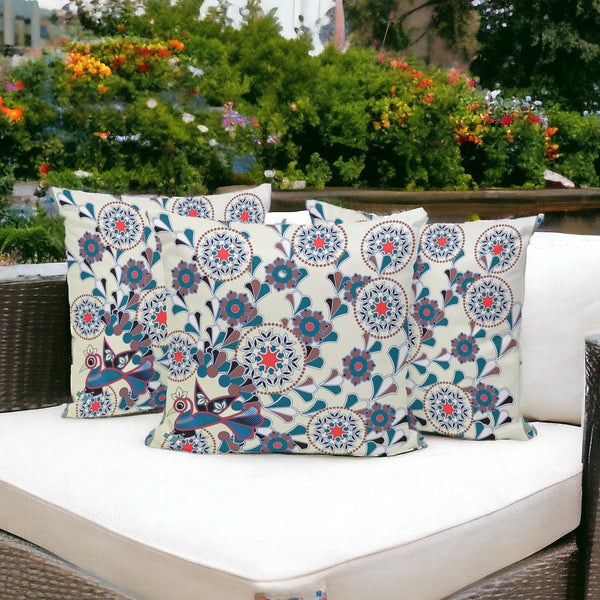 Homeroots Set Of Three 16" X 16" Black And Off White Peacock Blown Seam Floral Indoor Outdoor Throw Pillow  Polyester 536165