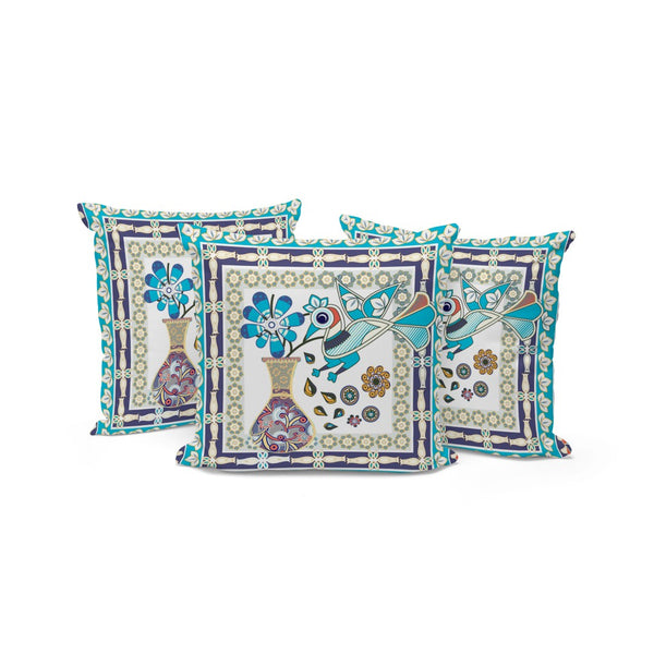 HomeRoots Set of Three 16" Blue & Purple Peacock Floral Throw Pillows for Indoor & Outdoor Elegance 536168