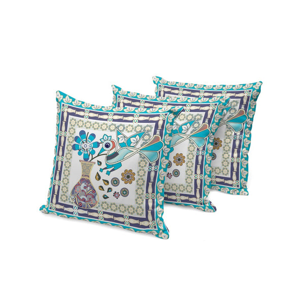 HomeRoots Set of Three 16" Blue & Purple Peacock Floral Throw Pillows for Indoor & Outdoor Elegance 536168