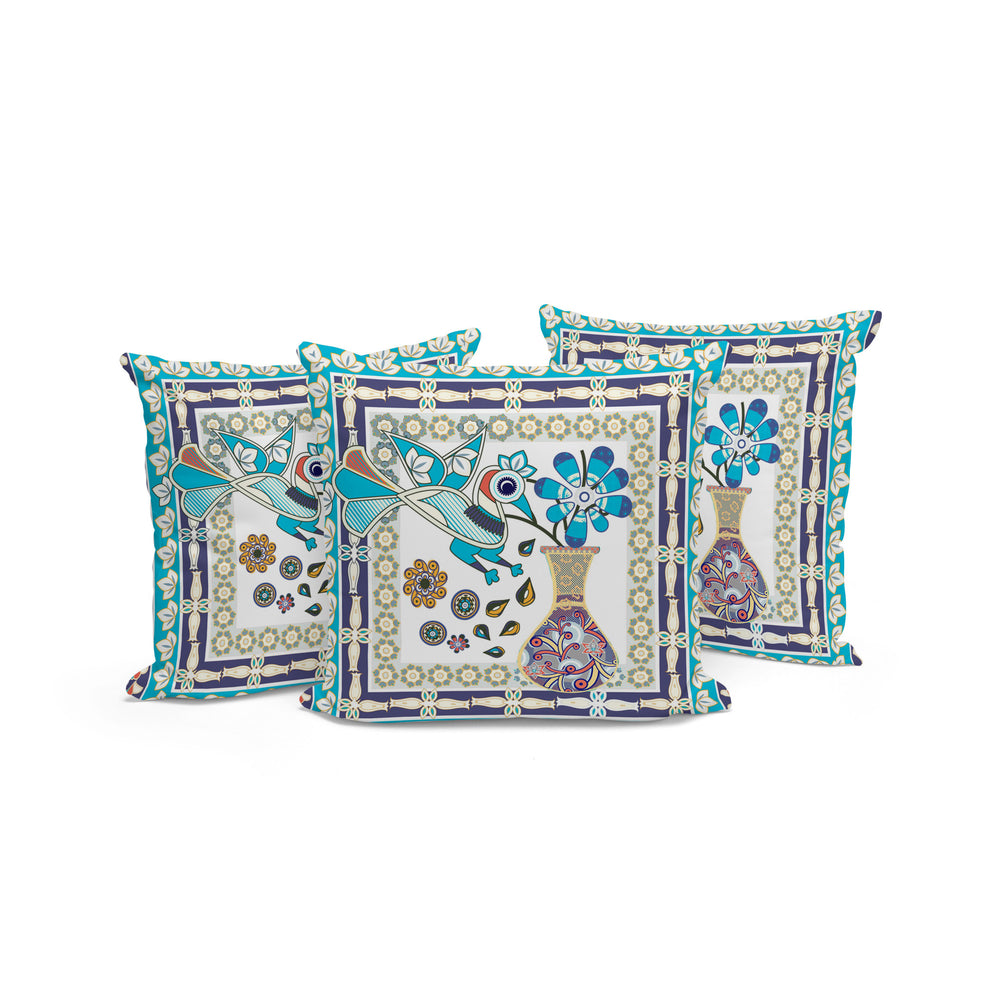 Homeroots Set Of Three 16" X 16" Blue And Purple Peacock Blown Seam Floral Indoor Outdoor Throw Pillow  Polyester 536168