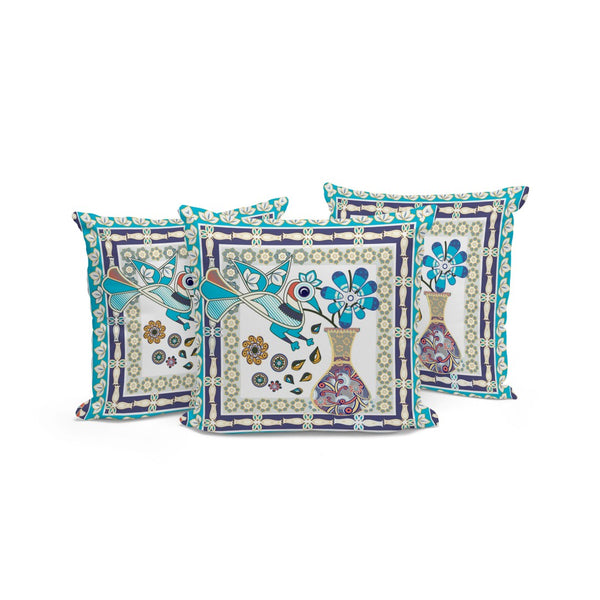 HomeRoots Set of Three 16" Blue & Purple Peacock Floral Throw Pillows for Indoor & Outdoor Elegance 536168