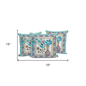 HomeRoots Set of Three 16" Blue & Purple Peacock Floral Throw Pillows for Indoor & Outdoor Elegance 536168