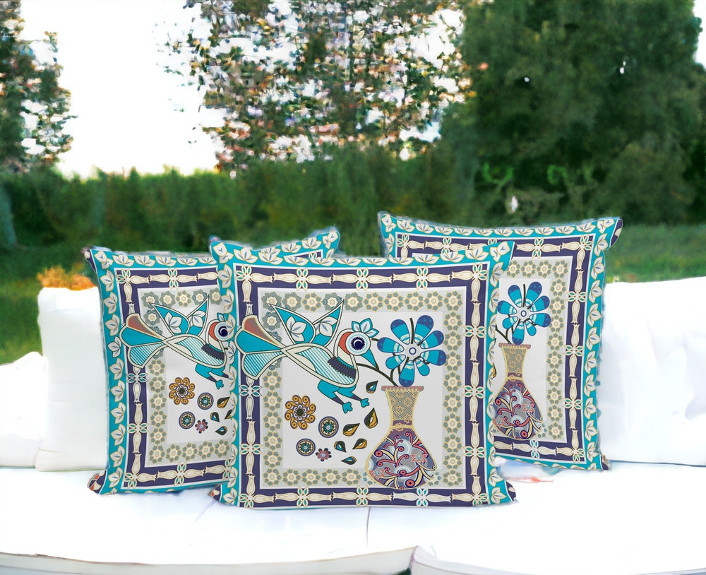 Homeroots Set Of Three 16" X 16" Blue And Purple Peacock Blown Seam Floral Indoor Outdoor Throw Pillow  Polyester 536168
