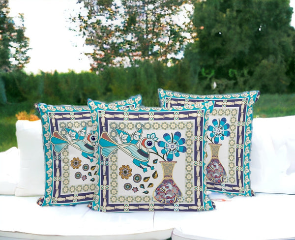 HomeRoots Set of Three 16" Blue & Purple Peacock Floral Throw Pillows for Indoor & Outdoor Elegance 536168