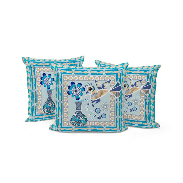 HomeRoots Set of Three Peacock Floral Throw Pillows - Blue & Gold Indoor/Outdoor Accent Cushions, 16" x 16" 536169