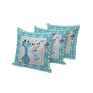 HomeRoots Set of Three Peacock Floral Throw Pillows - Blue & Gold Indoor/Outdoor Accent Cushions, 16" x 16" 536169