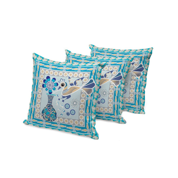 HomeRoots Set of Three Peacock Floral Throw Pillows - Blue & Gold Indoor/Outdoor Accent Cushions, 16" x 16" 536169