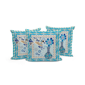 HomeRoots Set of Three Peacock Floral Throw Pillows - Blue & Gold Indoor/Outdoor Accent Cushions, 16" x 16" 536169