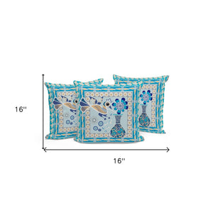 HomeRoots Set of Three Peacock Floral Throw Pillows - Blue & Gold Indoor/Outdoor Accent Cushions, 16" x 16" 536169