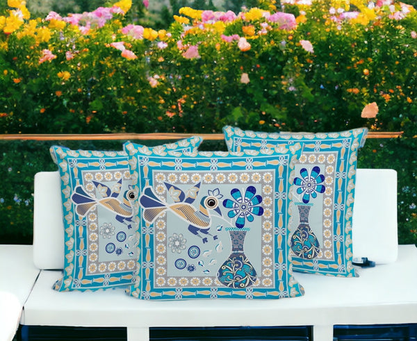 HomeRoots Set of Three Peacock Floral Throw Pillows - Blue & Gold Indoor/Outdoor Accent Cushions, 16" x 16" 536169