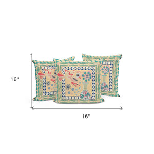 Homeroots Set Of Three 16" X 16" Green And Pink Peacock Blown Seam Floral Indoor Outdoor Throw Pillow  Polyester 536171