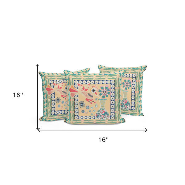 Homeroots Set Of Three 16" X 16" Green And Pink Peacock Blown Seam Floral Indoor Outdoor Throw Pillow  Polyester 536171