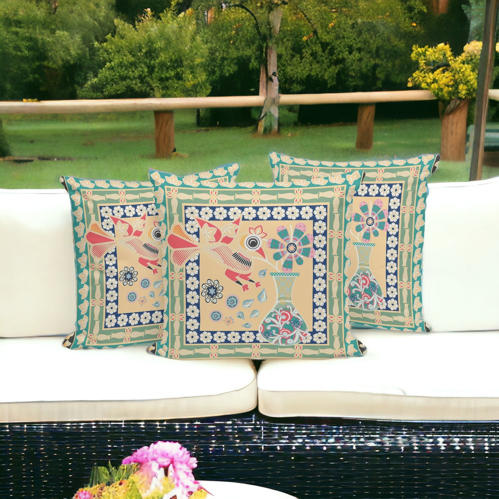 Homeroots Set Of Three 16" X 16" Green And Pink Peacock Blown Seam Floral Indoor Outdoor Throw Pillow  Polyester 536171