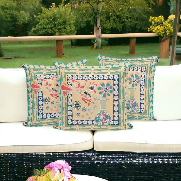 Homeroots Set Of Three 16" X 16" Green And Pink Peacock Blown Seam Floral Indoor Outdoor Throw Pillow  Polyester 536171