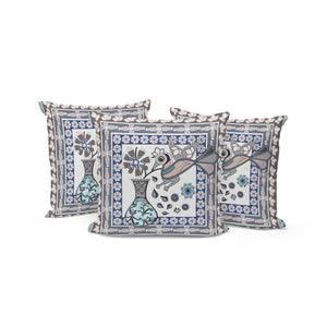 HomeRoots Set of Three 16" Beige & Gray Peacock Floral Throw Pillows for Indoor/Outdoor Elegant Decor 536172