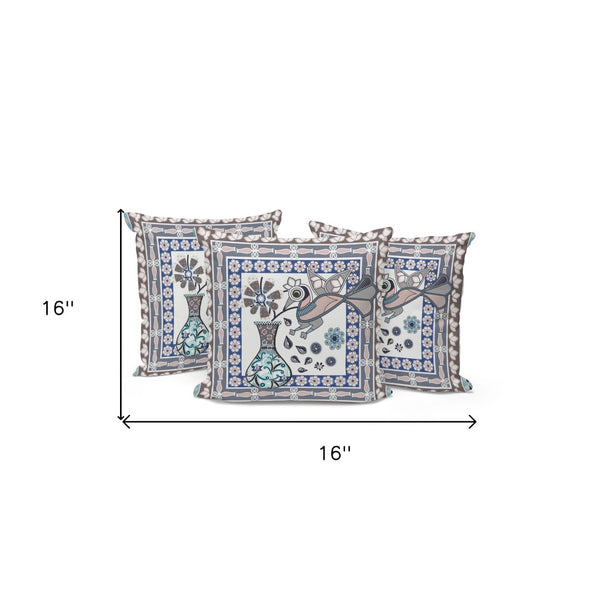 HomeRoots Set of Three 16" Beige & Gray Peacock Floral Throw Pillows for Indoor/Outdoor Elegant Decor 536172