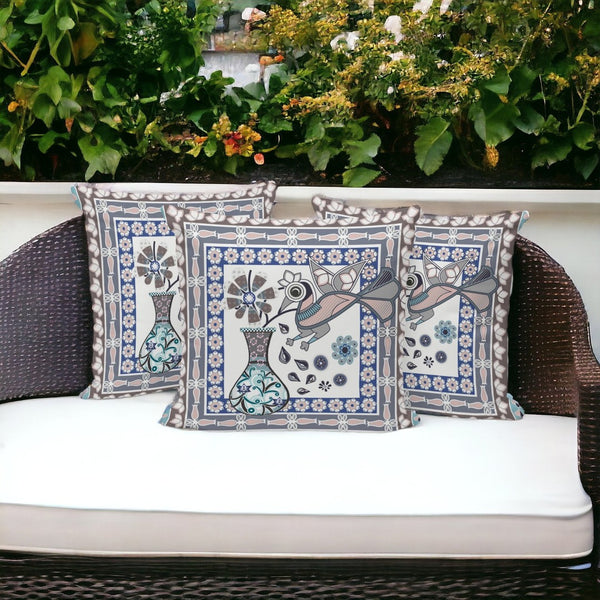 HomeRoots Set of Three 16" Beige & Gray Peacock Floral Throw Pillows for Indoor/Outdoor Elegant Decor 536172