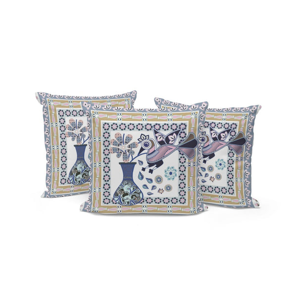 HomeRoots Set of Three Decorative 16" Beige & White Peacock Floral Throw Pillows for Indoor/Outdoor Style 536175