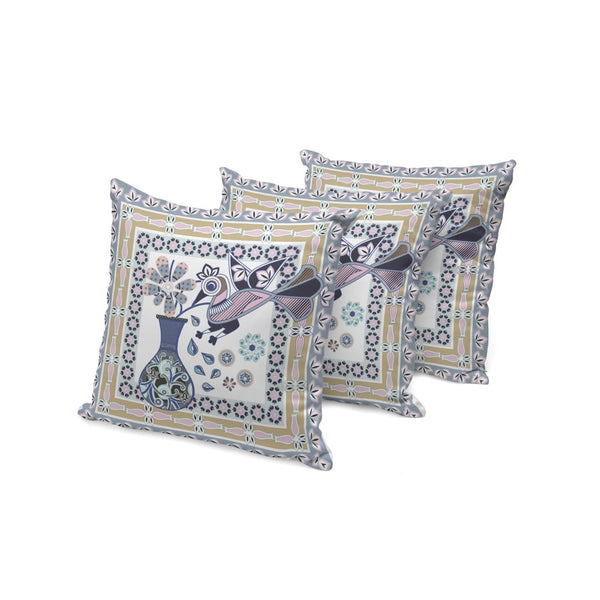 HomeRoots Set of Three Decorative 16" Beige & White Peacock Floral Throw Pillows for Indoor/Outdoor Style 536175
