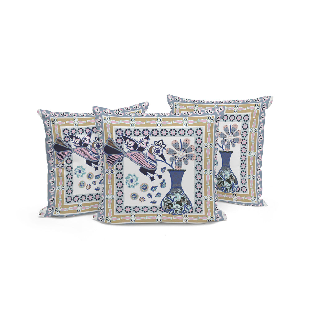 Homeroots Set Of Three 16" X 16" Beige And White Peacock Blown Seam Floral Indoor Outdoor Throw Pillow  Polyester 536175