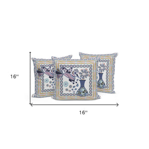 HomeRoots Set of Three Decorative 16" Beige & White Peacock Floral Throw Pillows for Indoor/Outdoor Style 536175