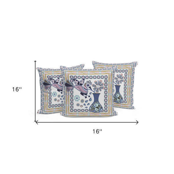 HomeRoots Set of Three Decorative 16" Beige & White Peacock Floral Throw Pillows for Indoor/Outdoor Style 536175