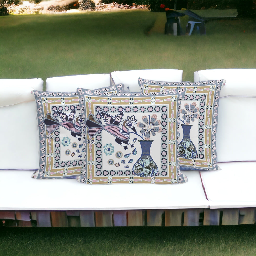 Homeroots Set Of Three 16" X 16" Beige And White Peacock Blown Seam Floral Indoor Outdoor Throw Pillow  Polyester 536175