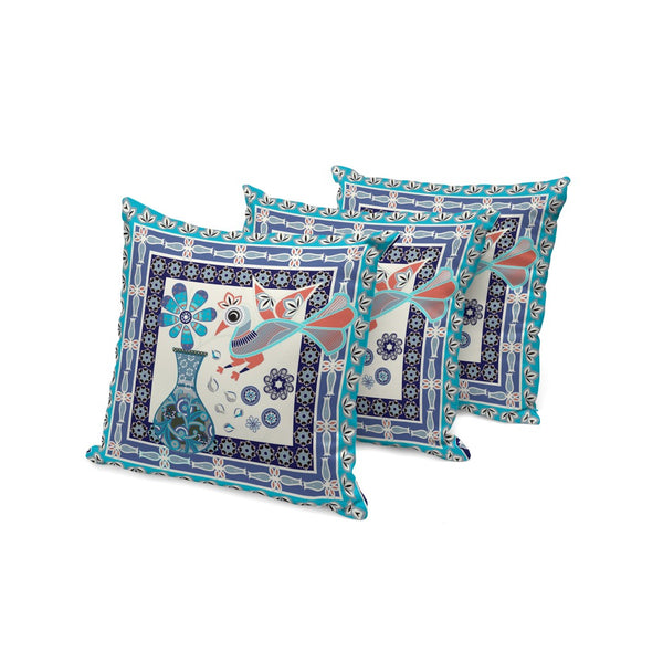 HomeRoots Set of Three 16" Blue & Off White Peacock Floral Throw Pillows for Indoor/Outdoor Decor Delight 536182