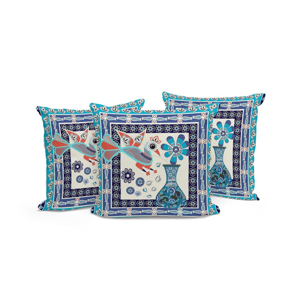 HomeRoots Set of Three 16" Blue & Off White Peacock Floral Throw Pillows for Indoor/Outdoor Decor Delight 536182
