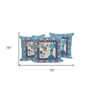 HomeRoots Set of Three 16" Blue & Off White Peacock Floral Throw Pillows for Indoor/Outdoor Decor Delight 536182