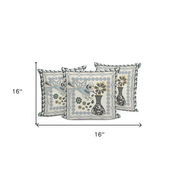 HomeRoots Set of Three Elegant Black and Gray Peacock Floral Throw Pillows for Indoor and Outdoor Decor 536184