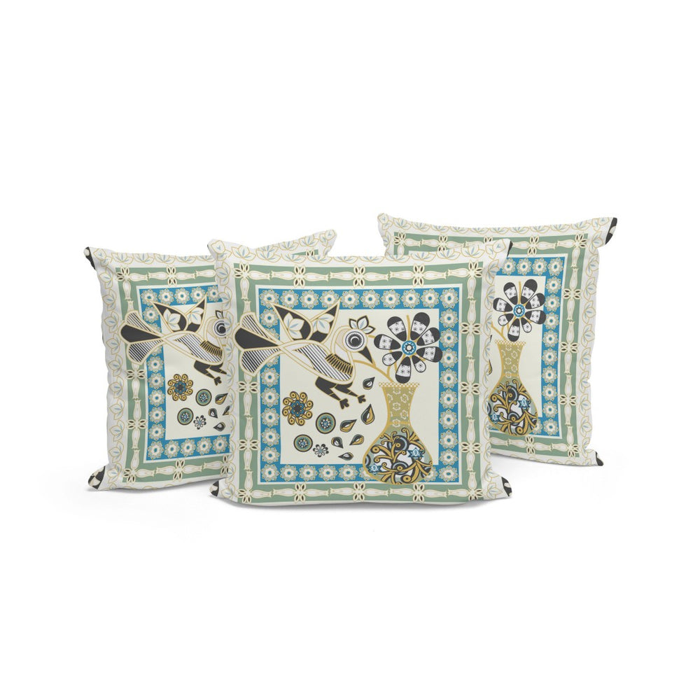HomeRoots Set of Three 16" Peacock Floral Throw Pillows in Blue and Yellow for Indoor and Outdoor Decor 536185