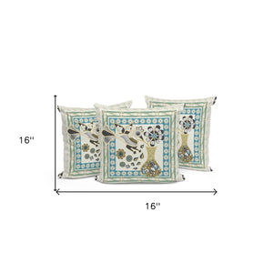 HomeRoots Set of Three 16" Peacock Floral Throw Pillows in Blue and Yellow for Indoor and Outdoor Decor 536185