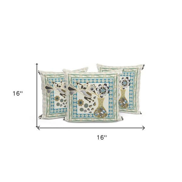 HomeRoots Set of Three 16" Peacock Floral Throw Pillows in Blue and Yellow for Indoor and Outdoor Decor 536185