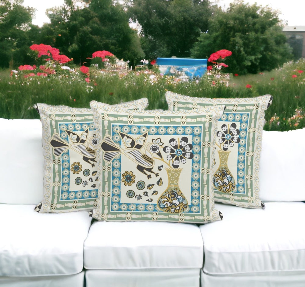 HomeRoots Set of Three 16" Peacock Floral Throw Pillows in Blue and Yellow for Indoor and Outdoor Decor 536185