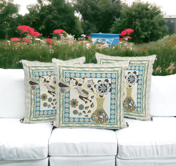 HomeRoots Set of Three 16" Peacock Floral Throw Pillows in Blue and Yellow for Indoor and Outdoor Decor 536185