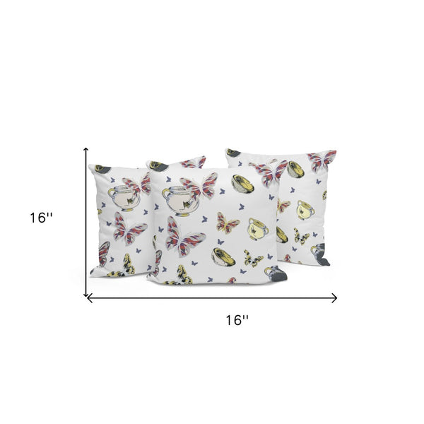 HomeRoots Set of Three Elegant 16" Blue & White Butterfly-Print Throw Pillows for Indoor & Outdoor Decor 536188