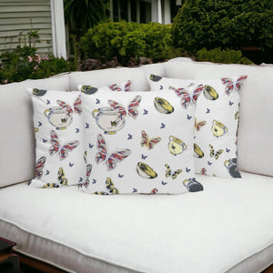 HomeRoots Set of Three Elegant 16" Blue & White Butterfly-Print Throw Pillows for Indoor & Outdoor Decor 536188