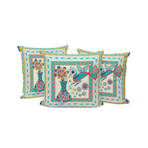 HomeRoots Set of Three 16" Blue and Gold Peacock Floral Throw Pillows for Indoor/Outdoor Luxe Décor 536191