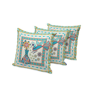 HomeRoots Set of Three 16" Blue and Gold Peacock Floral Throw Pillows for Indoor/Outdoor Luxe Décor 536191