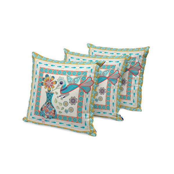 HomeRoots Set of Three 16" Blue and Gold Peacock Floral Throw Pillows for Indoor/Outdoor Luxe Décor 536191