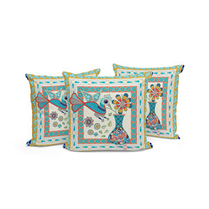 HomeRoots Set of Three 16" Blue and Gold Peacock Floral Throw Pillows for Indoor/Outdoor Luxe Décor 536191