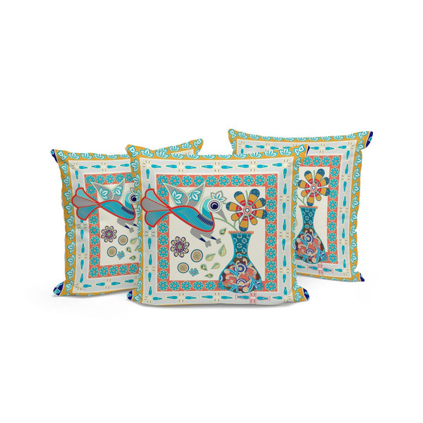 HomeRoots Set of Three 16" Blue and Gold Peacock Floral Throw Pillows for Indoor/Outdoor Luxe Décor 536191