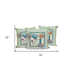 HomeRoots Set of Three 16" Blue and Gold Peacock Floral Throw Pillows for Indoor/Outdoor Luxe Décor 536191