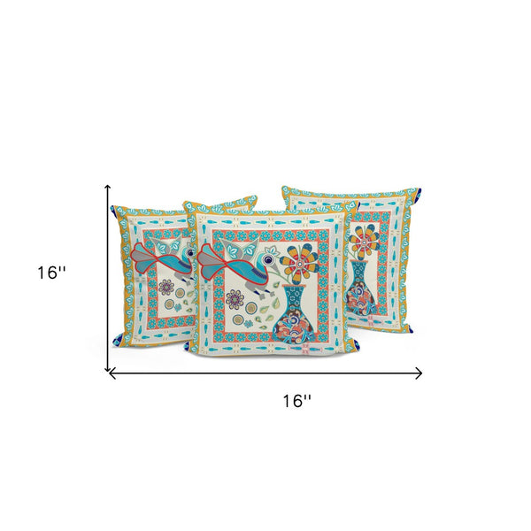 HomeRoots Set of Three 16" Blue and Gold Peacock Floral Throw Pillows for Indoor/Outdoor Luxe Décor 536191