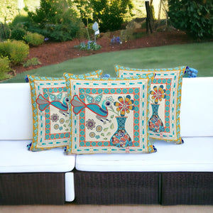 HomeRoots Set of Three 16" Blue and Gold Peacock Floral Throw Pillows for Indoor/Outdoor Luxe Décor 536191