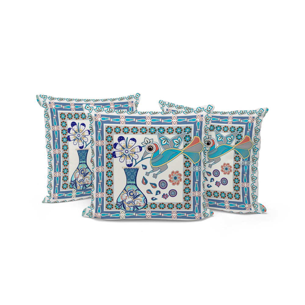 Homeroots Set Of Three 16" X 16" Blue And Off White Peacock Blown Seam Floral Indoor Outdoor Throw Pillow  Polyester 536199
