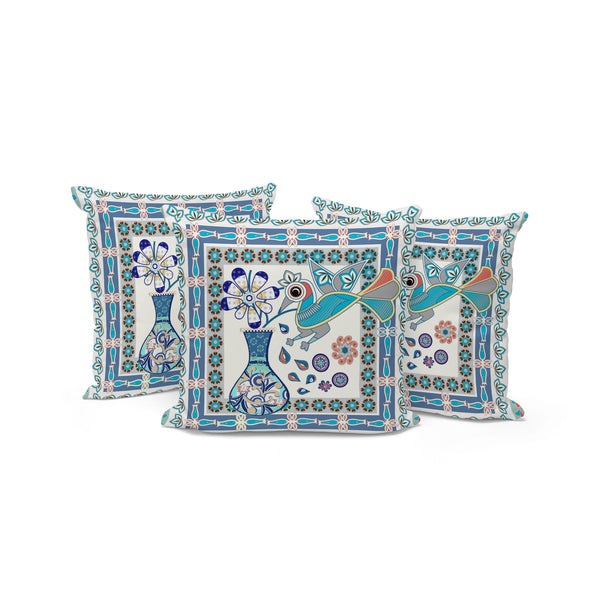 Homeroots Set Of Three 16" X 16" Blue And Off White Peacock Blown Seam Floral Indoor Outdoor Throw Pillow  Polyester 536199